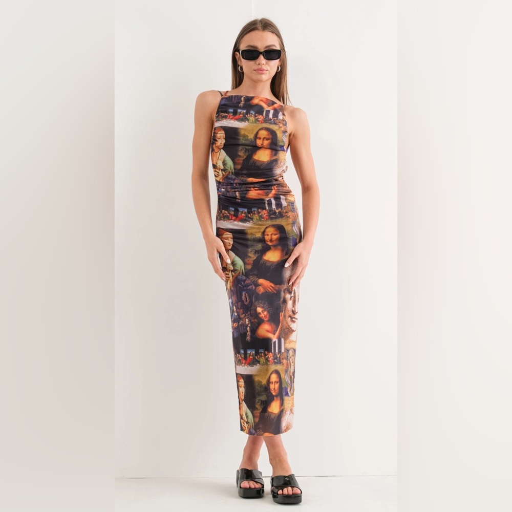 pretty garbage Mona Lisa Painting Photo Mesh Open Back Dress